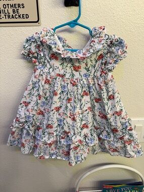 Janie and Jack White Floral Ruffle Blouse with Red & Blue Flowers